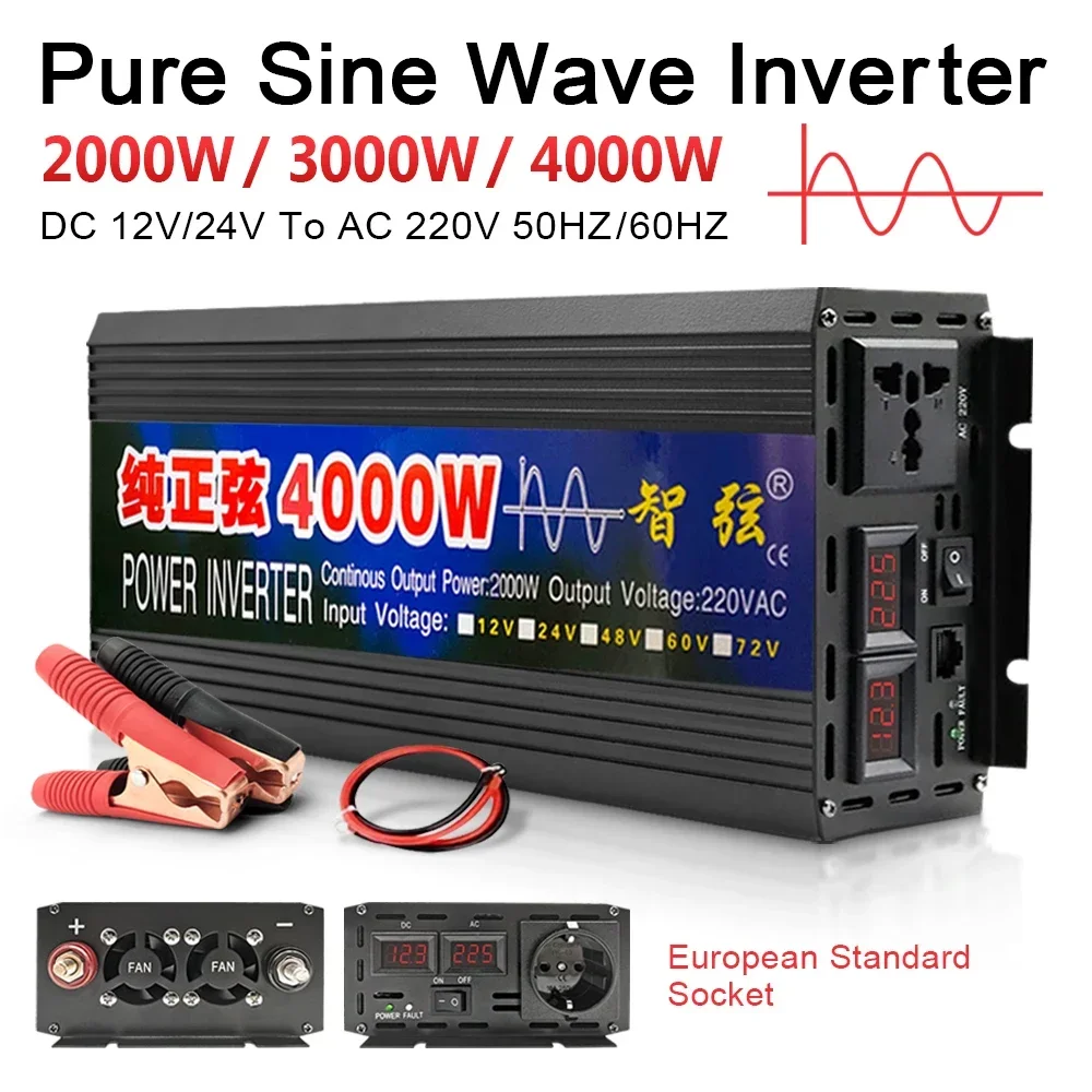 Pure Sine Wave Inverter 2000W 3000W 4000W Power DC 12V 24V 48v To AC 220V Voltage 50/60HZ Converter Solar Car Inverter With LED