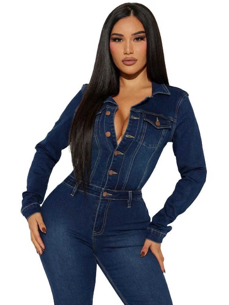 Wmstar Jumpsuits Rompers Women Wholesale Fitted Elastic Flared Flared Washable Long Sleeved Denim One Piece Summer 2025