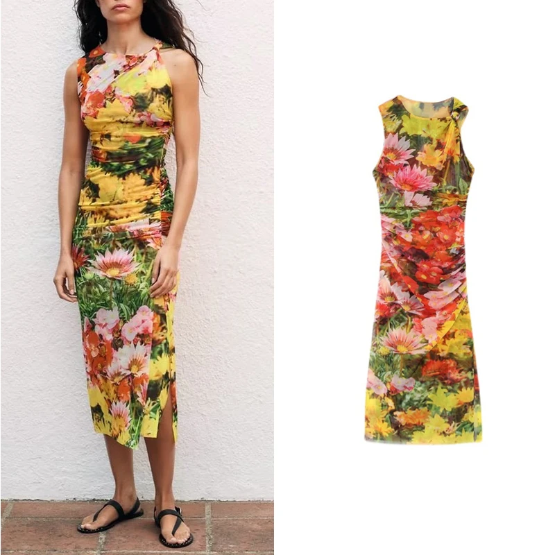 

Женское асимметричное платье средней длины, облегающее платье без рукавов с шелковым принтом, модель 2023 года