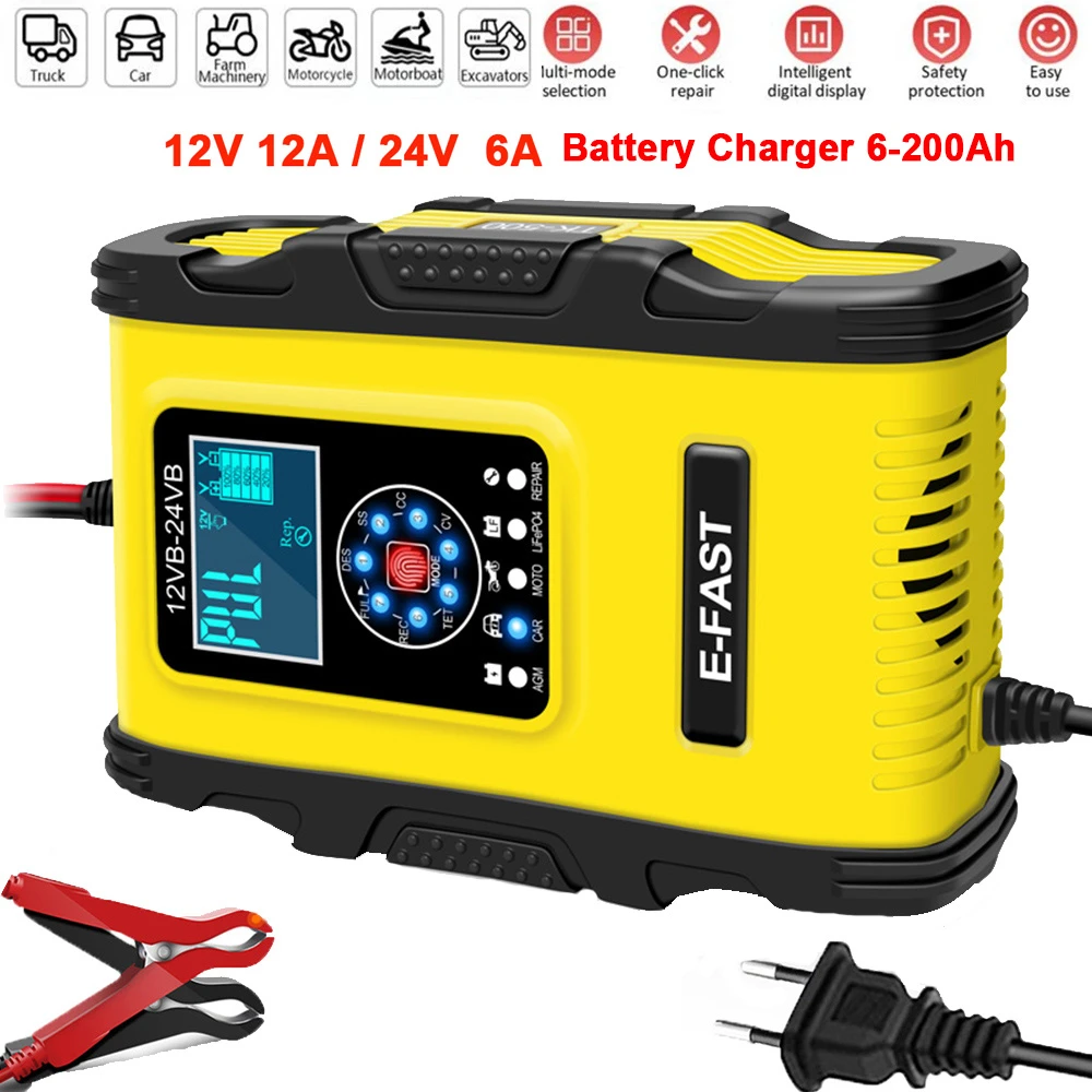 12/24V 12A 6A Fully Automatic Car Battery Charger Pulse Repair LCD