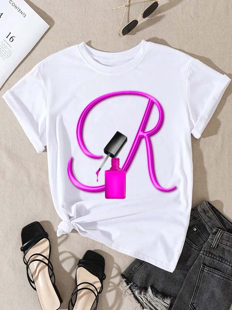 

Women T-shirt Custom Name Letter Combination Nail Art Letter Font A B C D E F G Short Sleeve Tops Fashion Black T-shirt Clothing