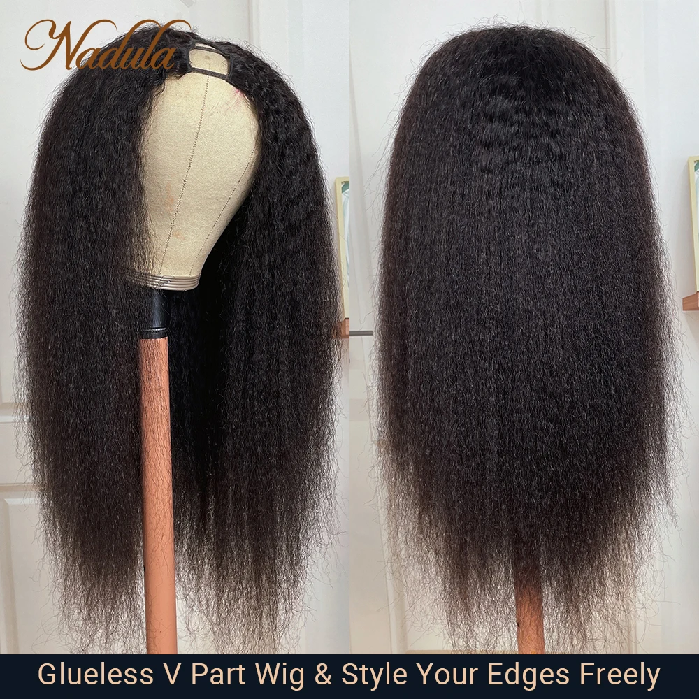 Nadula Hair Glueless Kinky Straight V Part Wig Real Scalp V Part Human Hair Wigs Kinky Straight Hair Wigs Machine Made