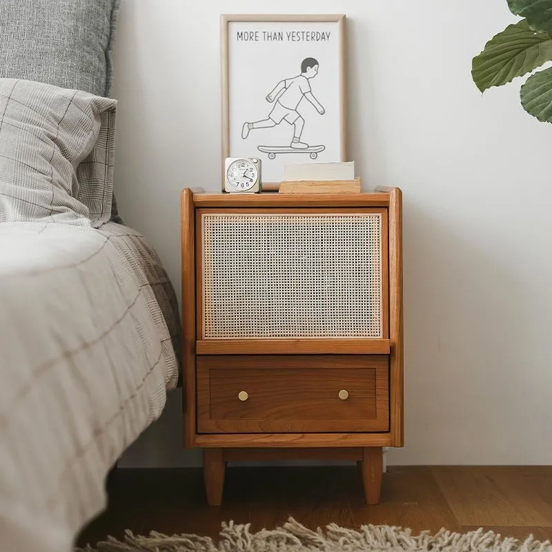 Japanese Solid Wood Bedside Table Rattan Bedroom Wabi-sabi Storage Cabinet Simple Drawer Antique Storage Sofa Side Table