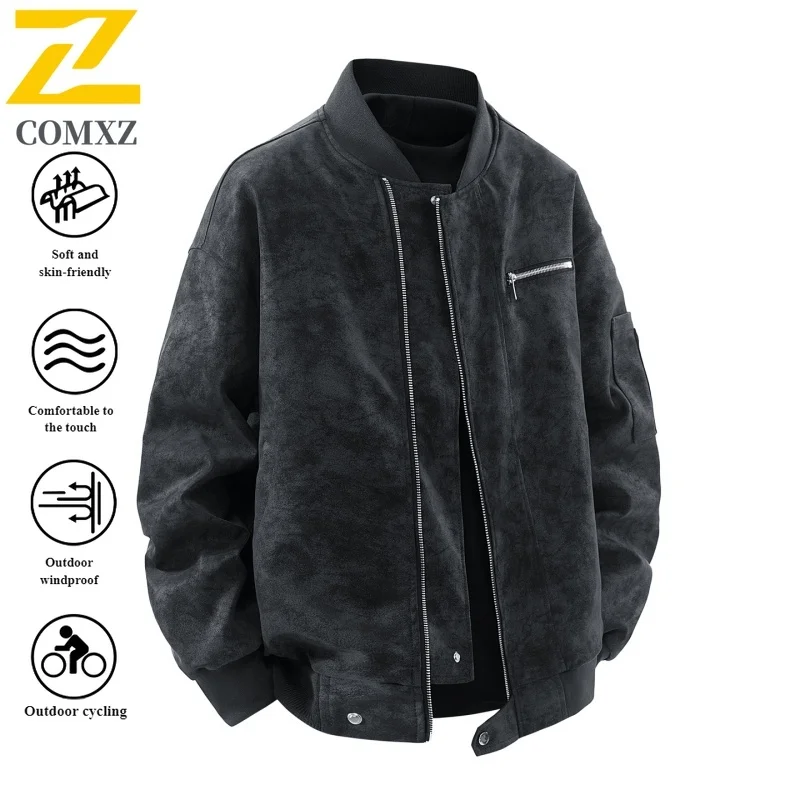 EiAO Windbreaker Vintage Baseball Coat Streetwear Washed Pilot jackets for man PU Leather Biker Coat  Waterproof Windproof 2025