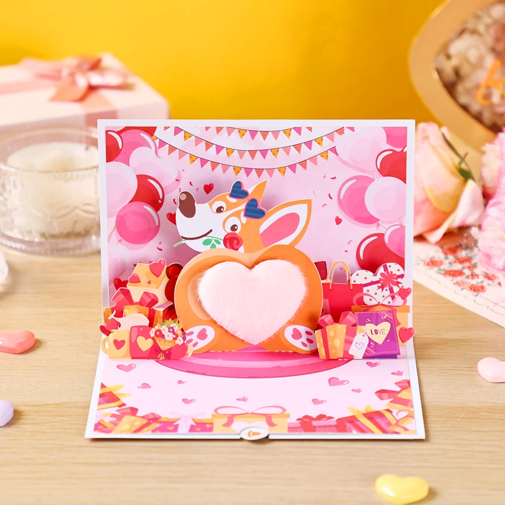 3D Pop-up Greeting Card Lovely Heart Puppy Balloon Cartoon Valentine's Day Gift For Wife Lover Girlfriend