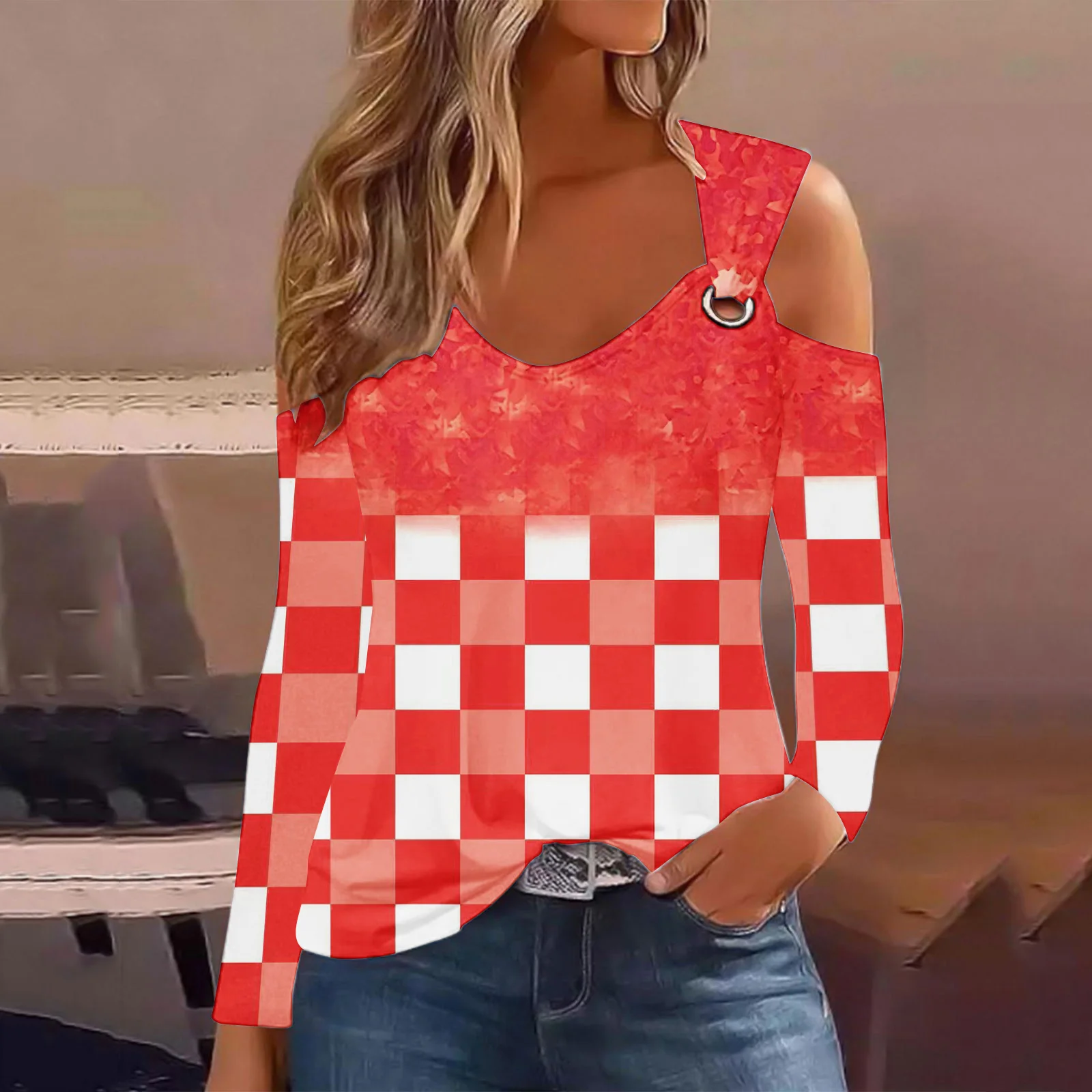 

Женская футболка с открытыми плечами, V-образным вырезом и длинным рукавом