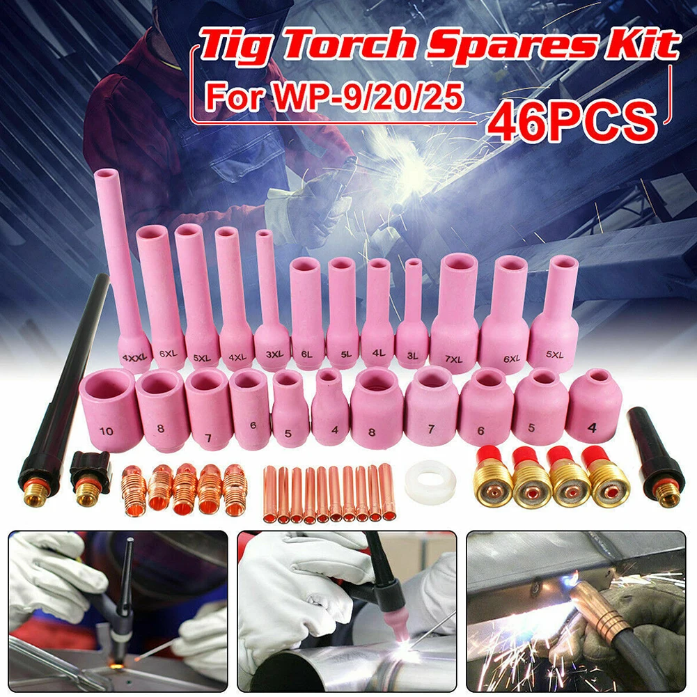 

Accessories Gas Lens Collet Body Kit 46Pcs/set Alumina Nozzle Back Cover For SR WP9 20 25 For TIG Welding Torch