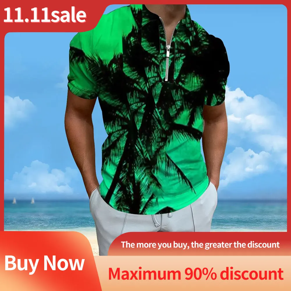 

Summer Hundred Men's T-shirt Casual Fashion Coconut Sunset Multicolour Printed Short Sleeve Beach Travel Men's Luxury Polo Shirt