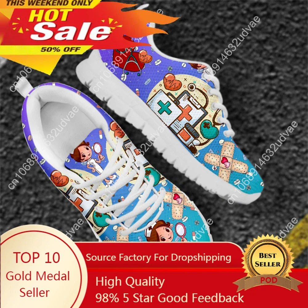 

Comfortable Lace-up Flat Shoes Gradient Nurse Pattern Medical Print Wear-Resistant Sneakers For Women Nursing Shoes