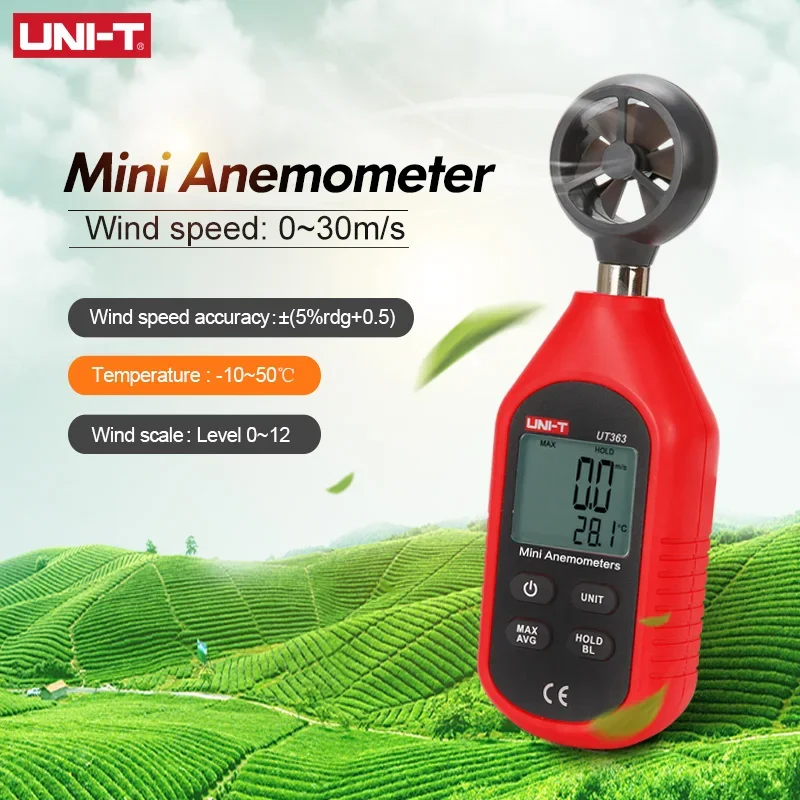 UNI-T 휴대용 디지털 풍속계, UT363BT 풍속 측정 온도 테스터, LCD 디스플레이, 공기 흐름 풍속 계량기