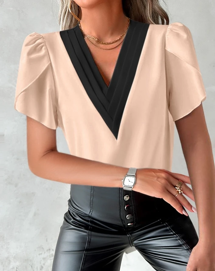 

Top Women 2024 Summer Fashion Contrast Paneled Petal Sleeve Casual V-Neck Short Sleeve Daily Tee Top Y2K Clothes