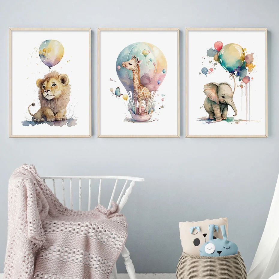 Cute Safari Animal Lion Giraffe in a Balloon Nursery Watercolor