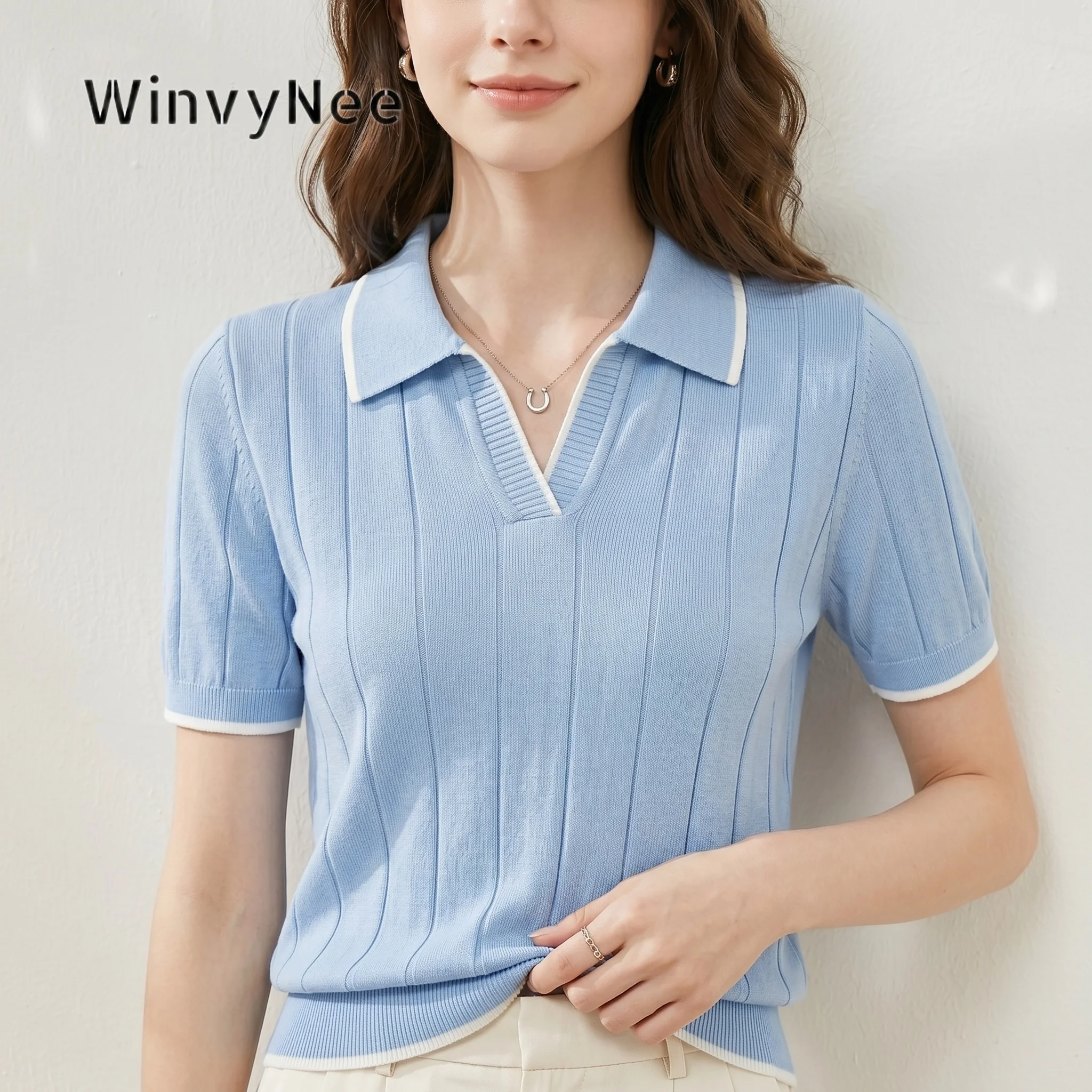 تي شيرت نسائي صيفي بأكمام قصيرة من WinvyNee، ياقة بولو، قطن كاجوال، ملابس نسائية أنيقة محبوكة Y2k A1092079