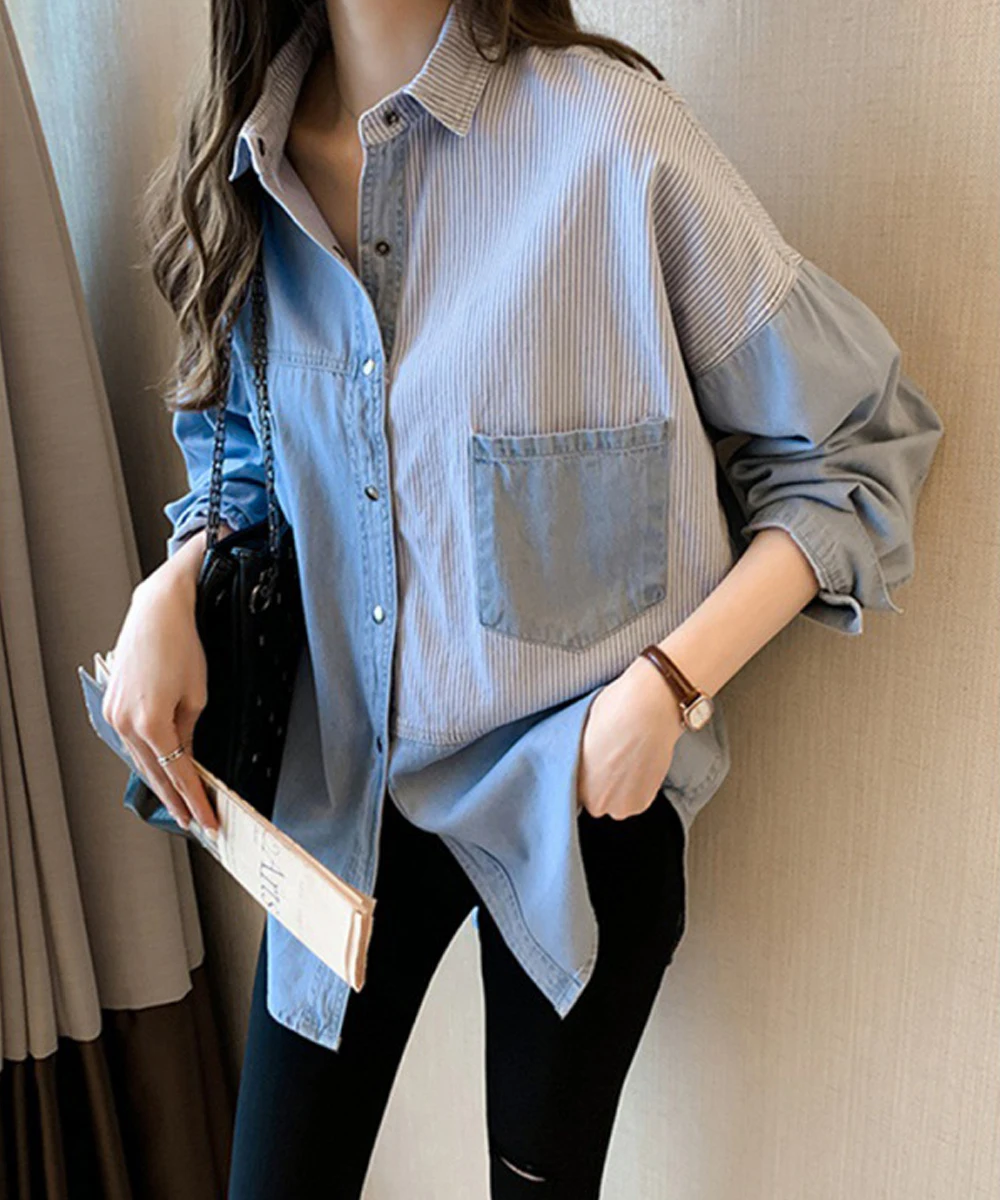 Women's Denim Blouses Vintage Jean Tops Casual Long Sleeve Lady Trend Cardigan Fashion Femme Shirt Coat Korean Chic Button Denim
