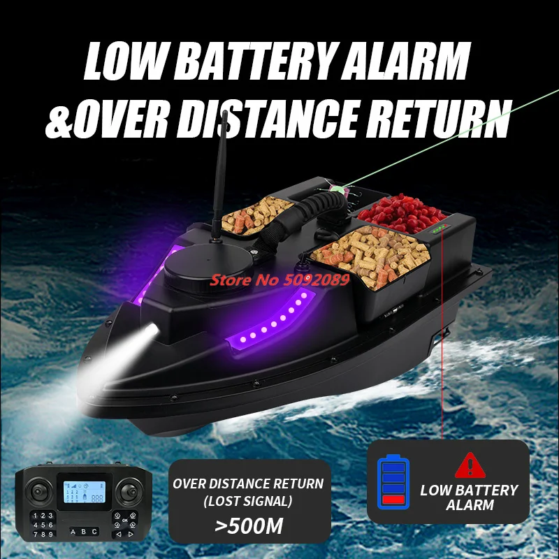 54CM 4 Hopper 100 GPS Auto Return Cruise RC Fishing Bait Boat 500M 2KG Adjust LED Lighting 100 Point GPS Fishing Bait Boat Nest 4