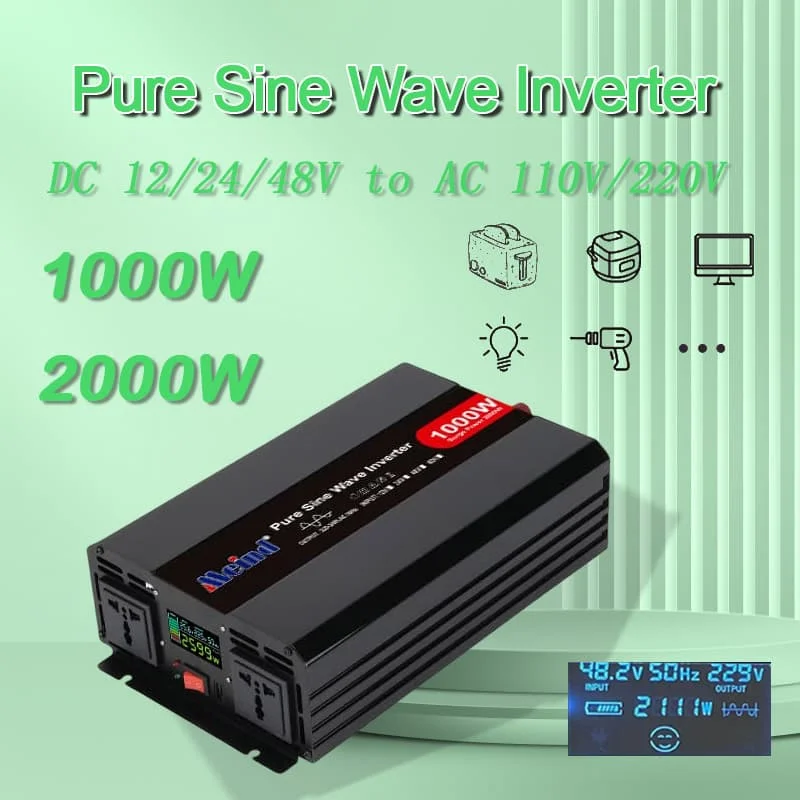 

High Quality Pure Sine Wave DC 12V/24V to AC 110V/220V 1000W Peak 2000 Watt Power Inverter with LCD Display