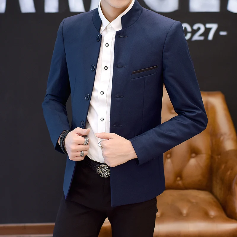 2023 Spring New Men's Fashion Button Decorative Blazer Coat Chinese Style Slim Fit Stand Collar Solid Color Suit Jacket 5
