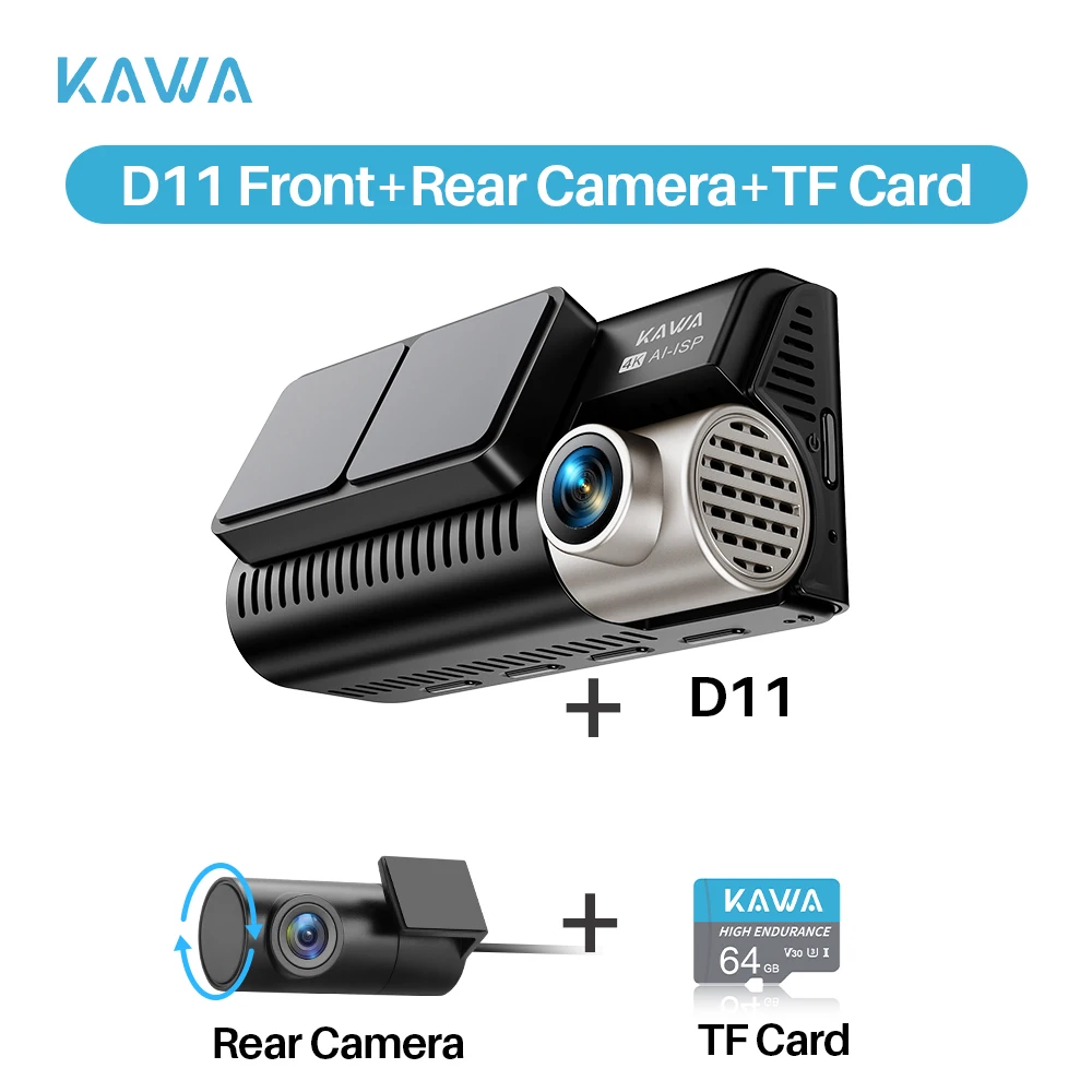KAWA D11 Передня та задня відеореєстратор 4K WiFi Автомобільний відеореєстратор GPS Відеореєстратор AI-ISP Кольорове нічне бачення, Sony Starvis AUTO Dual Dashcam
