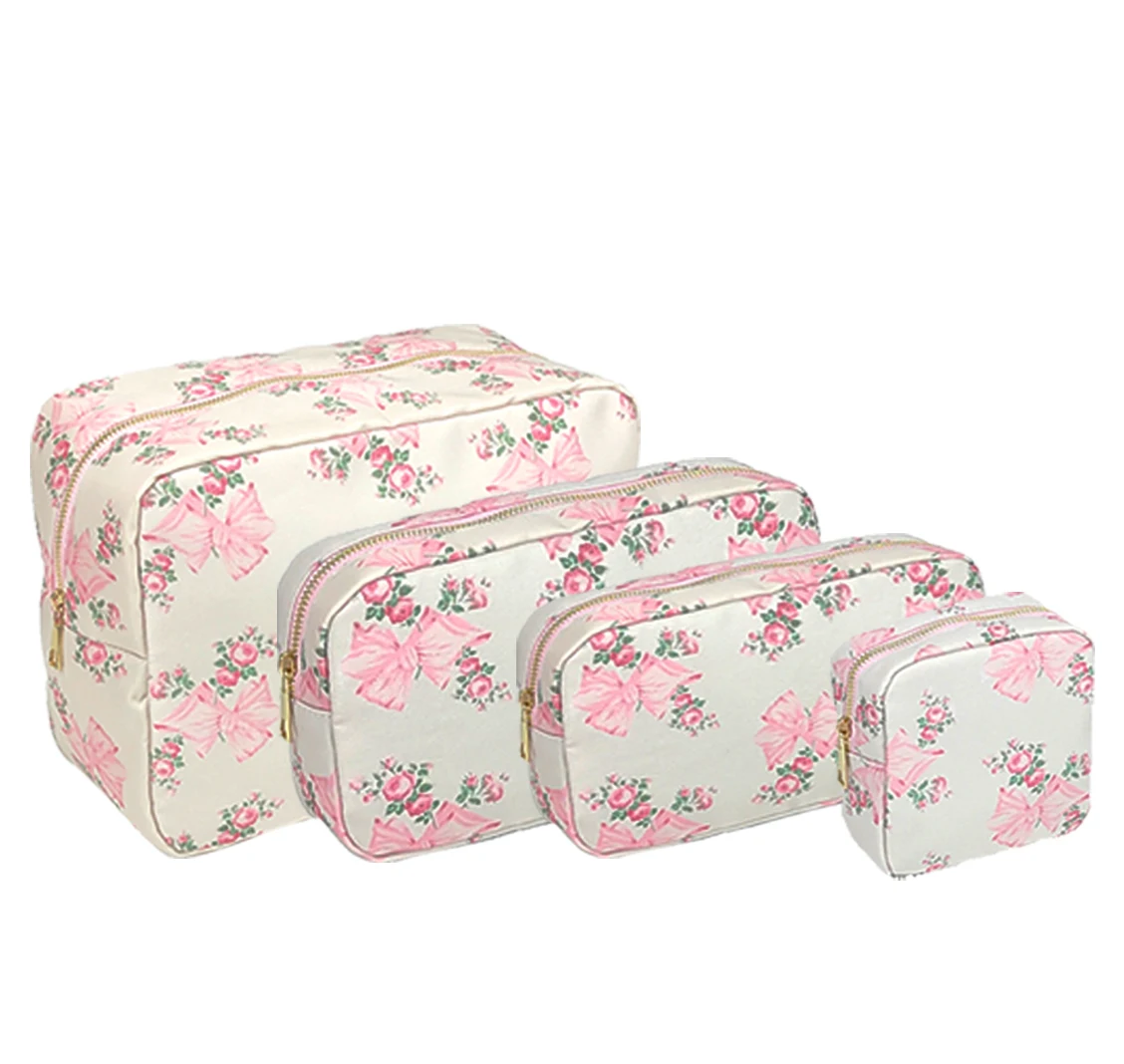 4 Sizes Cosmetic Bag Pink Blue Printed Bow Cosmetic Bag Waterproof Ladies Nylon Cosmetic Organizer S M L XL