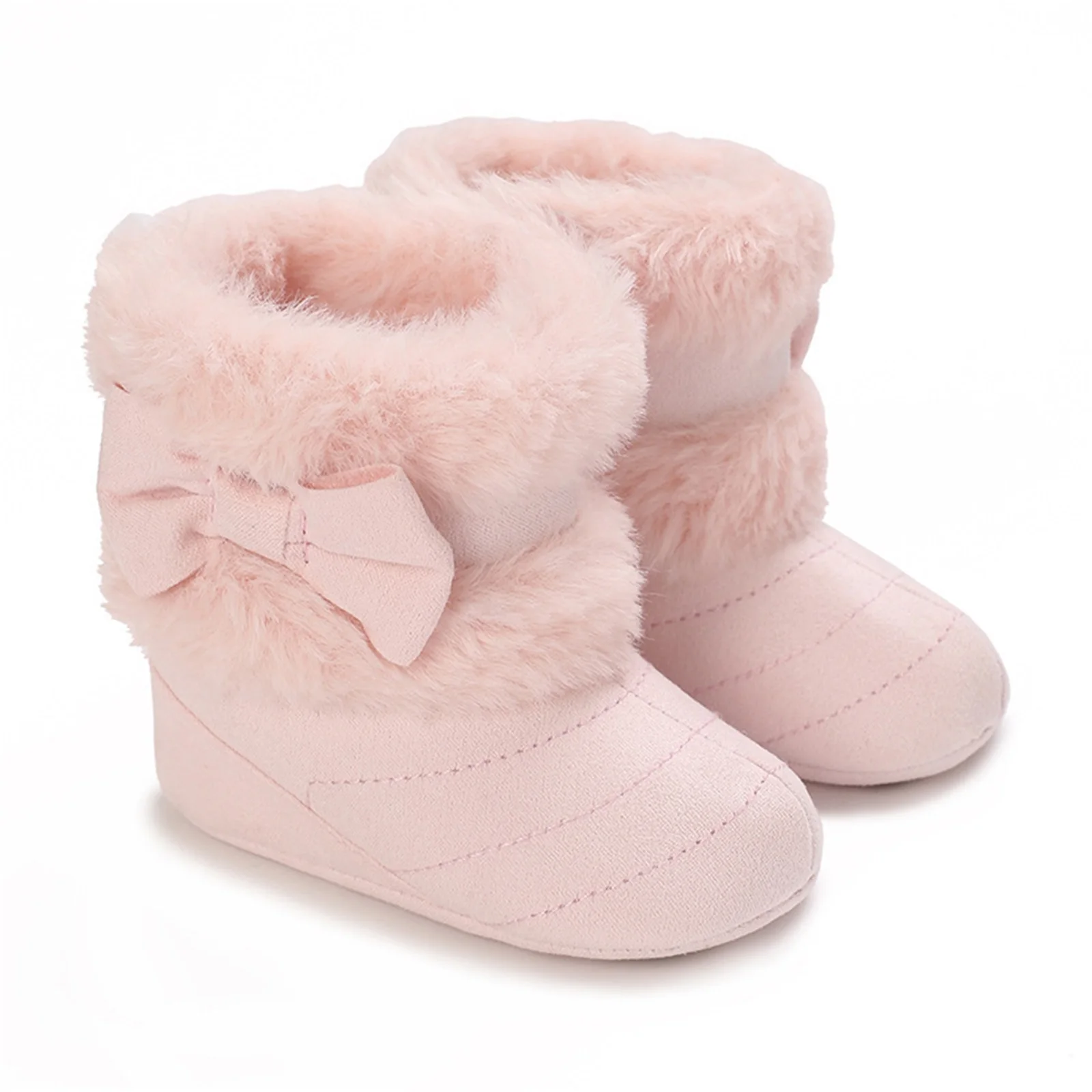 Baby Boots Girls Winter Snow Boots Cute Bowknot Fuzzy Crib Shoes Infant Warm First Walker with Non-Skid Soles
