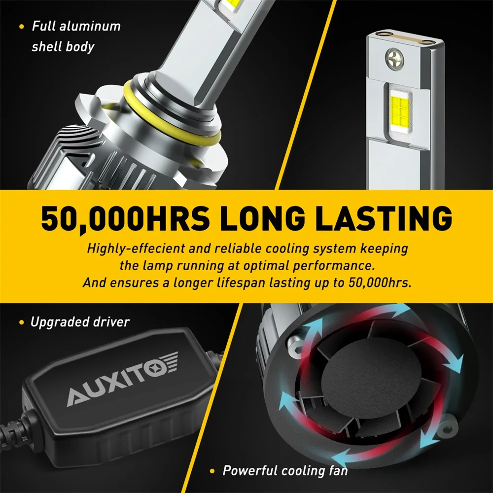 AUXITO 9005 LED Headlight Bulbs 12000LM Per Set 6500K Xenon White HB3  Wireless 9005 Headlight Bulbs, Pack of 2