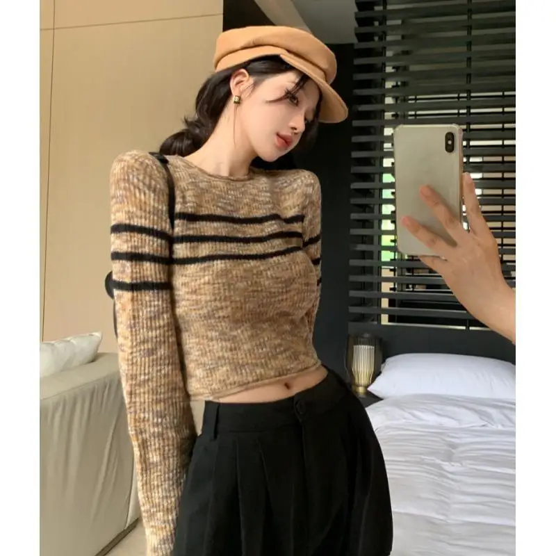 

Striped Sweater Women Autumn Korean Fashion Flare Sleeve Cropped Knit Pullover Female American Retro Hot Girl Y2K Slim Knitwear