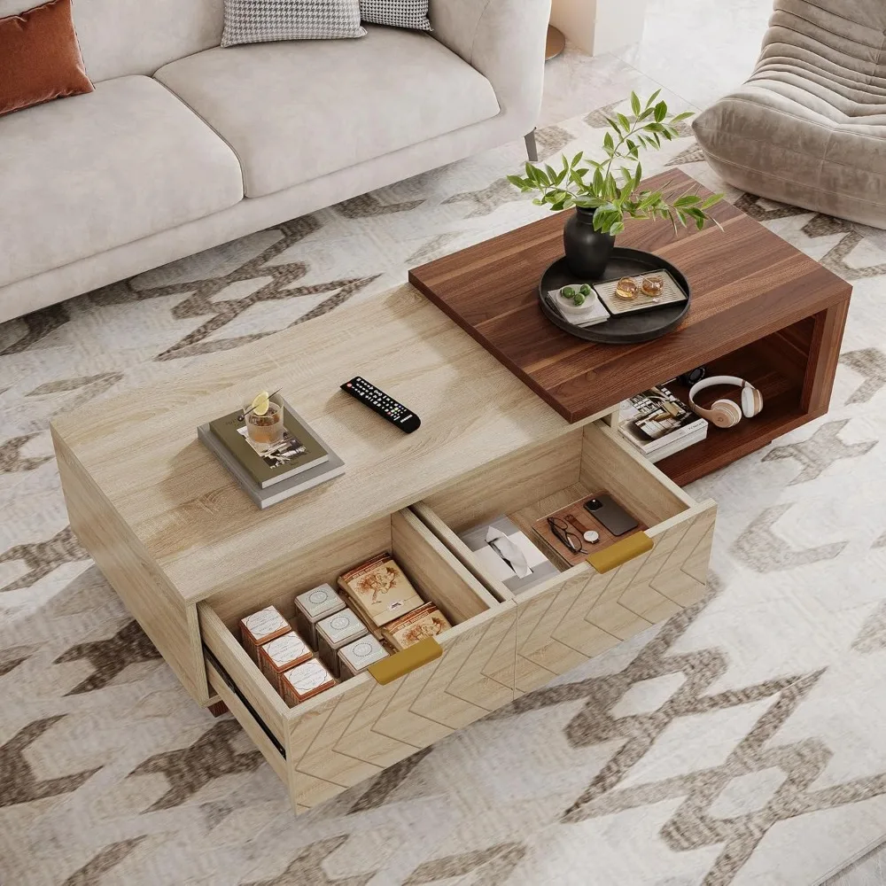 Extendable Coffee Table 42"-65" Length Adjustable Reversible Wood Coffee Table W/ 2 Storage Drawers Rectangular Dual-Tone Table 4