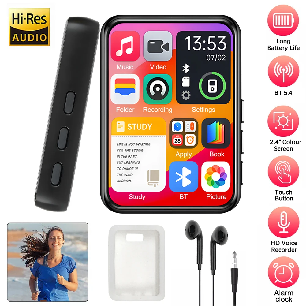MP3 Player 2.4 Inch Touch Screen Bluetooth 5.4 Built-in Speaker Portable HiFi Music Walkman E-book/Recording