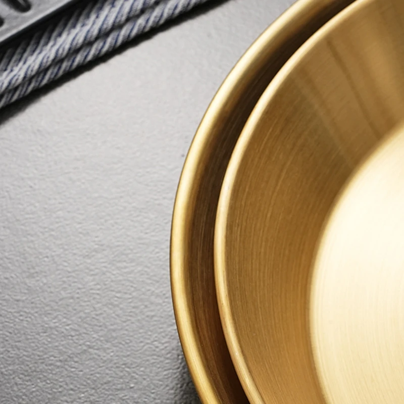 Korean Luxury Stainless Steel Round Plate Golden Flat-bottomed Storage Tray Thickened Fruit Cake Steak Snack Dishes 6