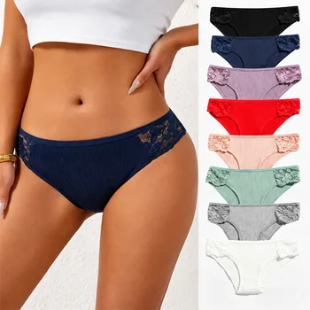Confezione da 8 slip da donna a vita bassa in cotone a costine, intimo tinta unita con finiture in pizzo e doppio strato traspirante nella zona intima