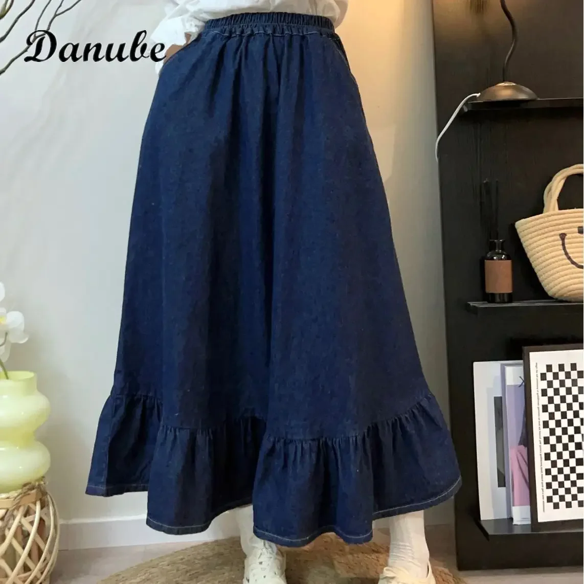 

Vintage Blue Denim Ruffles Long Skirts Women Summer High Waist A-line Patchwork Skirt Female Korean Style Casual Jeans Clothes