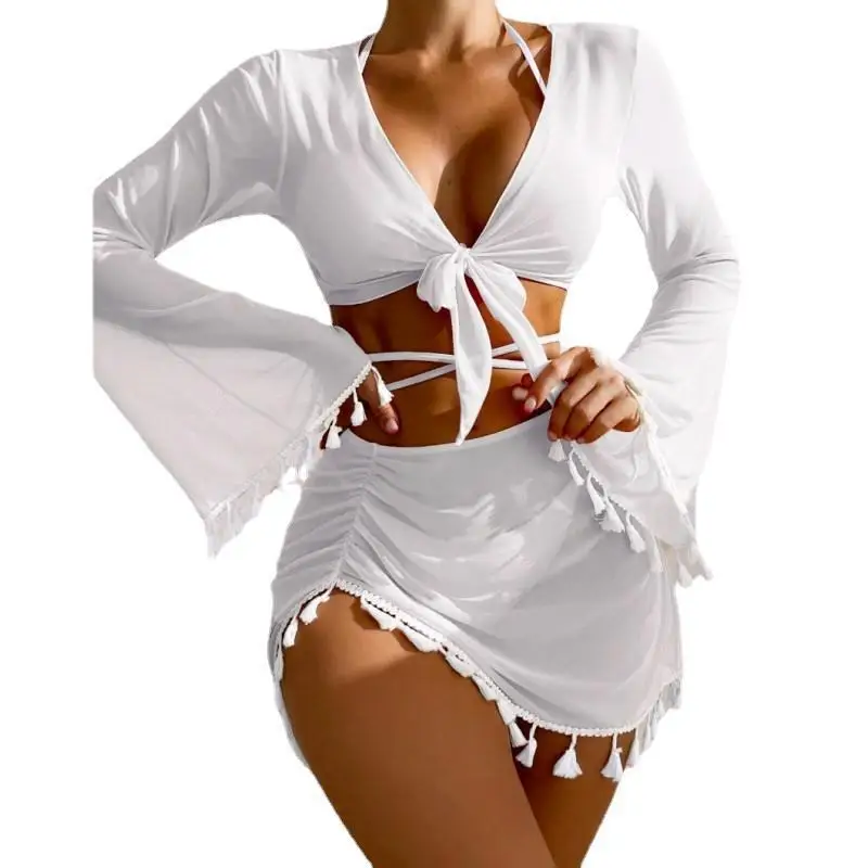 European and American Swimsuit Four-piece Solid Color Tassel Blouse Gauze Skirt Bikini Women swimwear