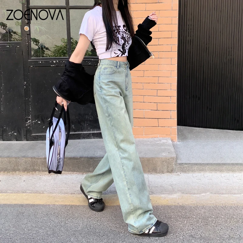 ZOENOVA 아메리칸 레트로 노스탤직 와이드 레그 팬츠, 용수철 스트리트 Y2K 그레이 그린, 하이 웨이스트 스트레이트, 다목적 여성 청바지, 2024 신제품