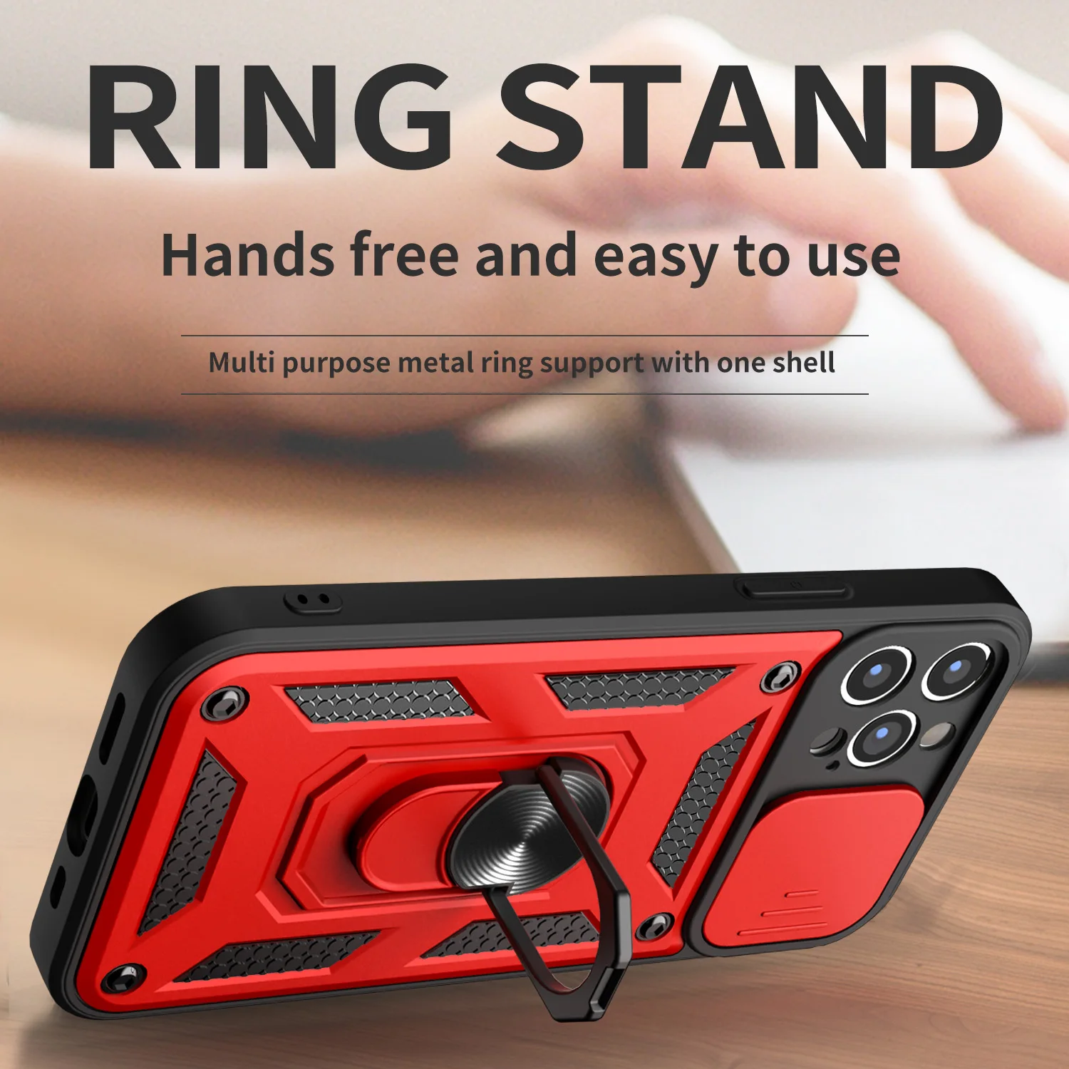 Military Grade Armor Case with Bumpers, Ring Cover, and Slide Camera Lens Protector