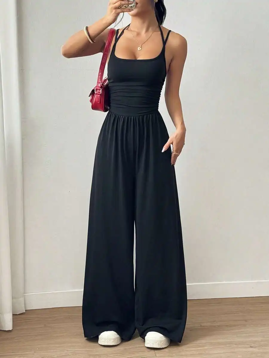 Damen-Sommer-Overall, schwarz, lässig, plissiert, locker, gerades Bein, verstellbare Neckholder-Krawatte