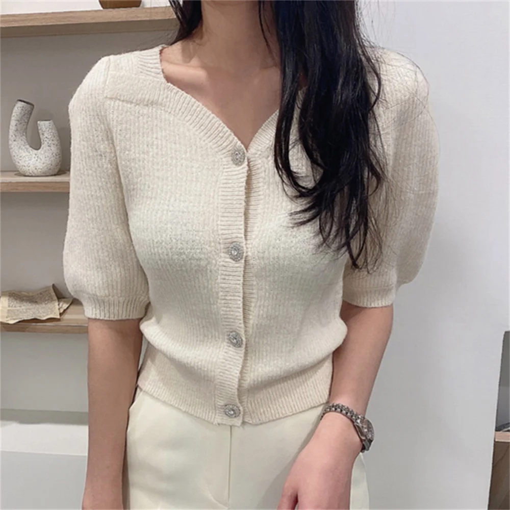 

PLAMTEE Summer Sweet OL Coats 2023 Women Short Puff Sleeve Slim Solid New Gentle Office Lady Knitted Cardigans Mujer Sweaters