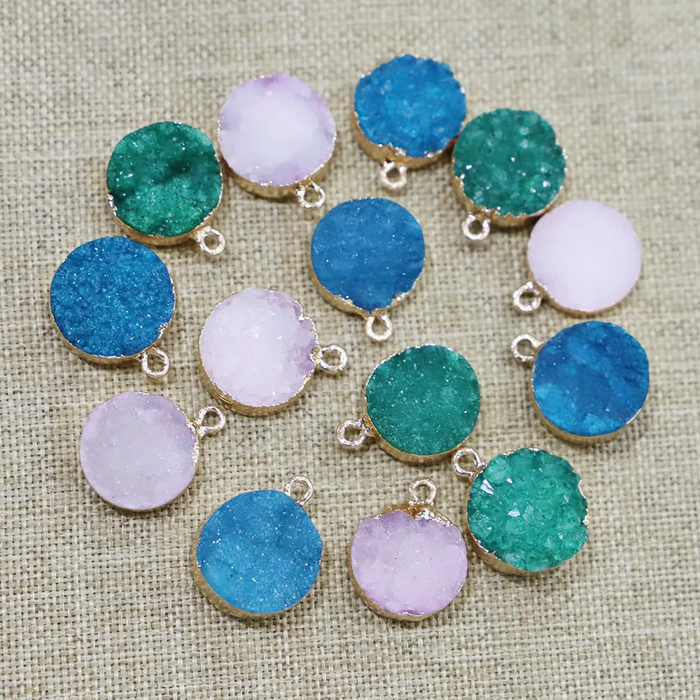 Selling Natural Stone Pendant Round Gold Phnom Penh Agate Druzy Necklace Reiki Charms Fashion DIY Making Jewelry Wholesale 12Pcs