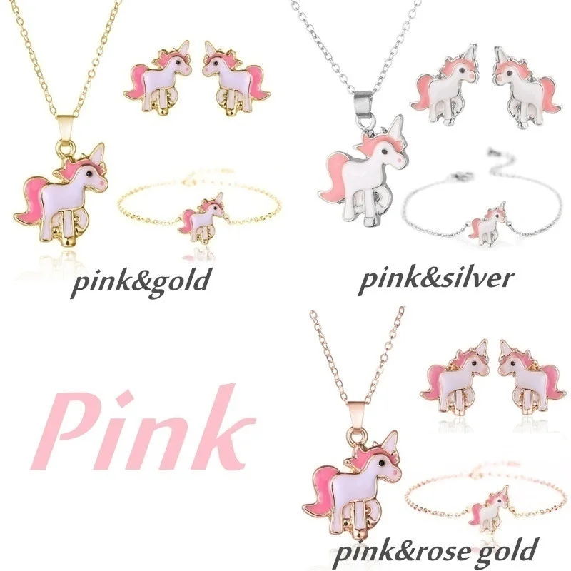 4 in 1 Earring and Necklace Set Cartoon Unicorn Jewelry Pink Girls Xmas Gift jewelry sets jewelry set women earrings chain necklace