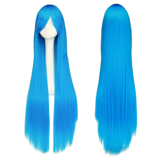 QQXCAIW Long Straight Cosplay Wig Black Purple Black Red Pink Blue Dark Brown 100 Cm Synthetic Hair Wigs Lake Blue