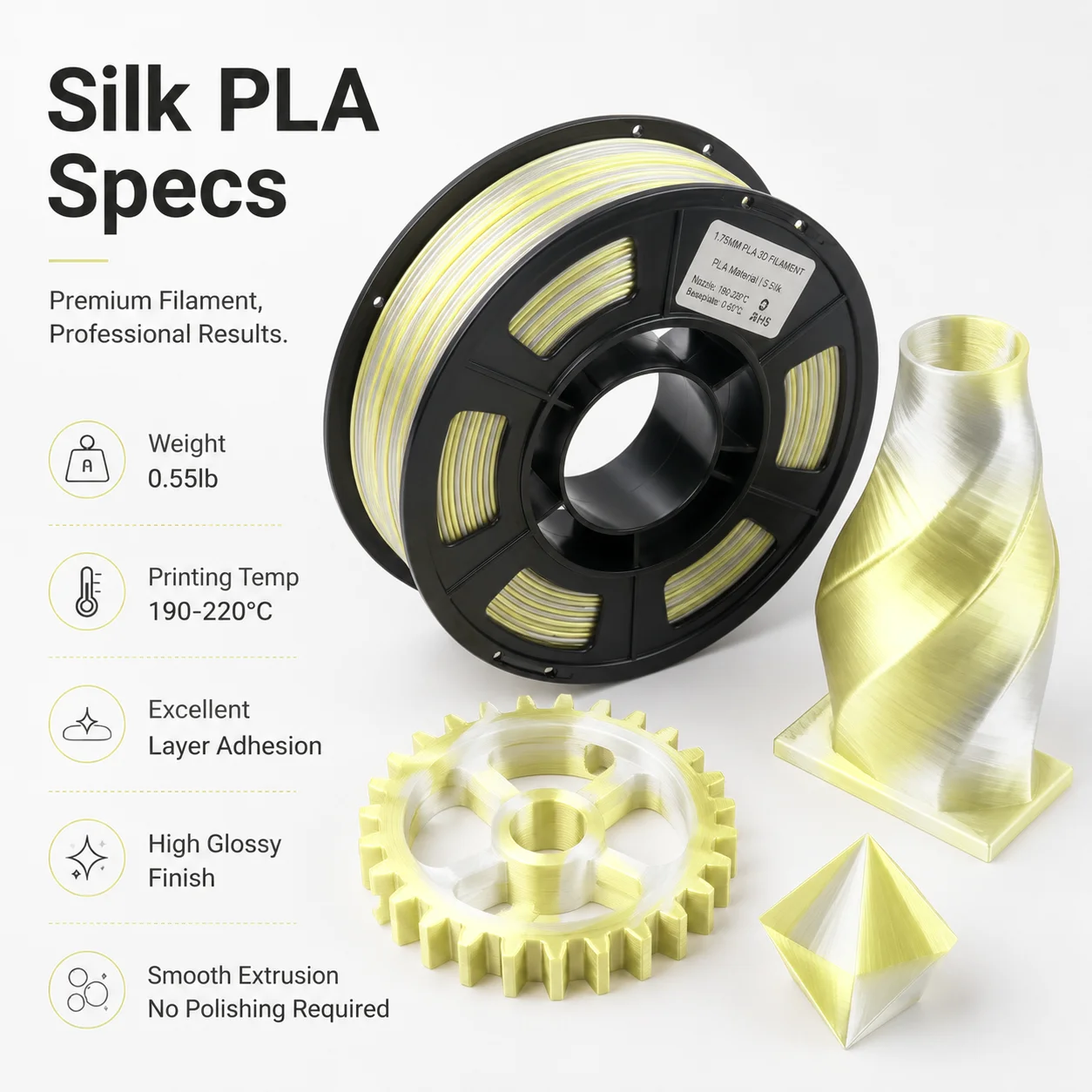 실크 그라데이션 PLA 3D 프린팅 필라멘트 1.75mm 250g 싱글 롤 오렌지 화이트 옐로우 화이트 그라데이션 FDM 3D 프린터 3D 펜 호환