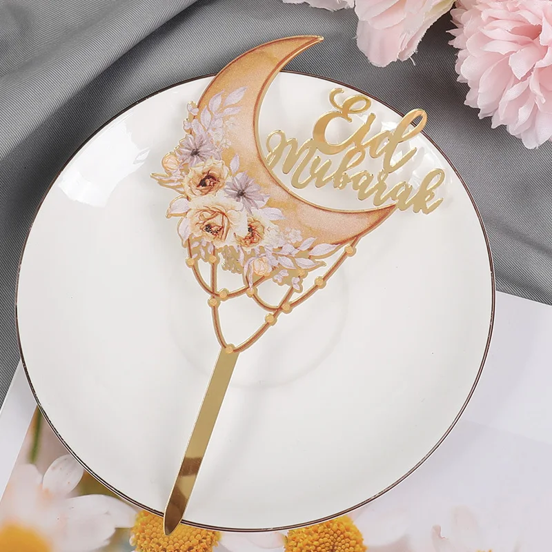 Eid Mubarak Acrylic Cake Topper Moon Flower Cake DIY Decoration 2025 Islamic Muslim Ramadan Party Supplies Eid Gift Baking Tools