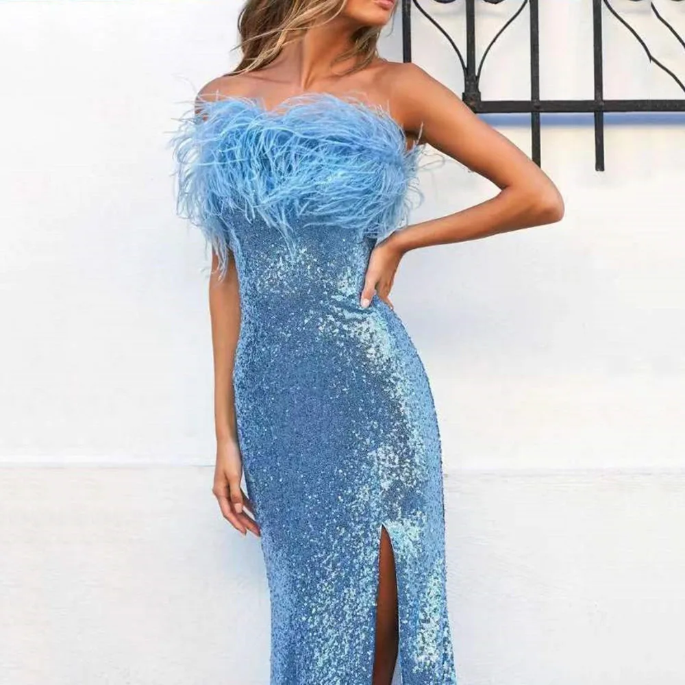 

2023 Sexy Sky Blue Straokess Bandeau Shiny Sequins Ostrich Hair Prom Dress Floor Speaker/Mermaid Strapless Vesidos De Fiesta