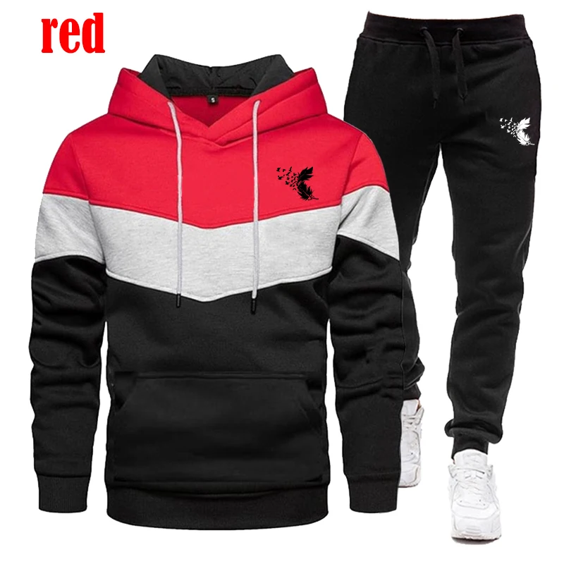 The latest men's long sleeved tricolor patchwork hoodie set casual sports jogging suit hoodie and pants two-piece set