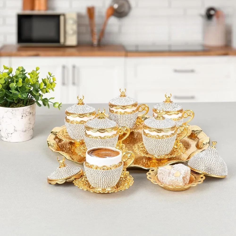 

27 Pc Ottoman Turkish Greek Arabic Coffee Espresso Serving Cup Saucer Crystal Set (Gelincik) - Handcrafted Traditional Set