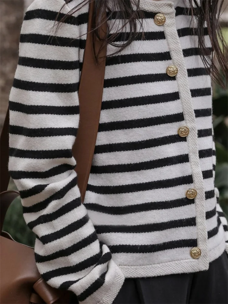 Suéter de punto a rayas, cárdigan, abrigo para mujer, suelto, de manga larga, a la moda, ajustado, con parches en contraste, prendas de vestir exteriores, abrigo de punto de verano