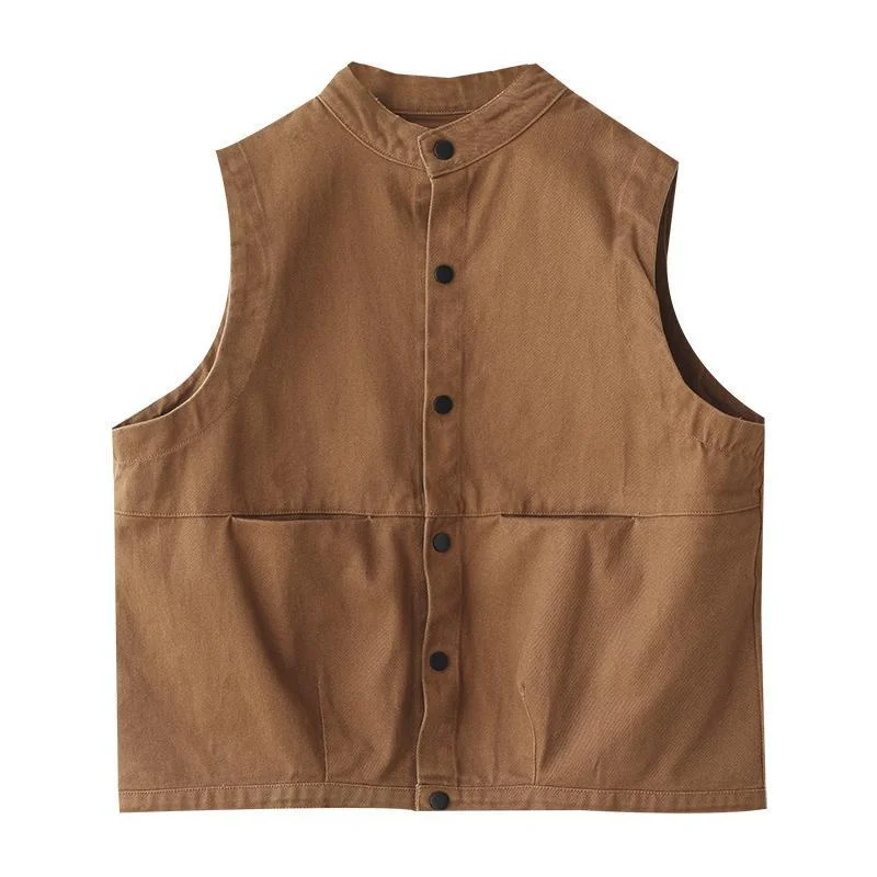 2023 Spring  Autumn New Vintage Art Vest Coat Loose Standing Collar Single Breasted Top Autumn Cardigan