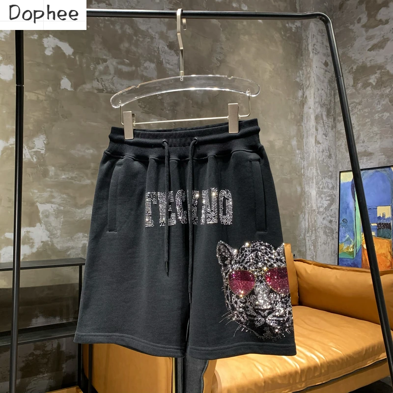 Luxury Shiny Tiger Hot Drilling Men/women Knee-length Pants Streetwear Cotton Crop Pants Diamonds Elastic Waist Black Shorts