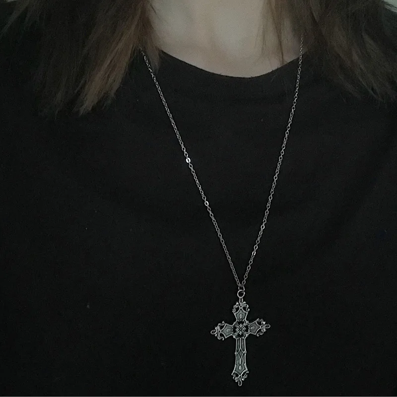 Large Gothic Cross Drill Pendant Jewel Necklace Silver Color