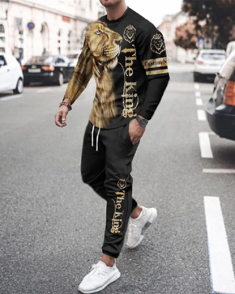 Men's Tracskuit 2-piece K King Letter 3D Printed Oversized Casual Suit Fashion Streetwear Long Sleeve T-Shirt Trousers Outfits