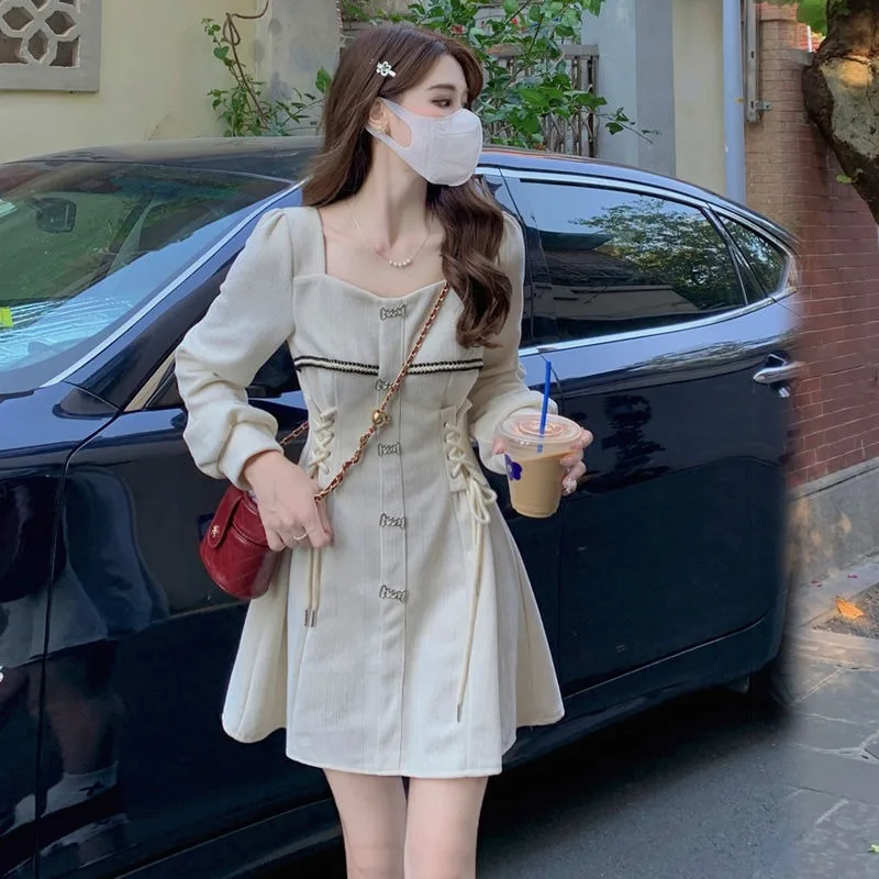 

Y2k Autumn Winter Black Thick Warm Mini Dress Women Korean Vintage Hepburn Dress Spring Elegant Chic Bandage Casual Dress 원피스